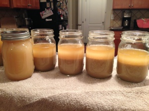 I filled this jar on the left from the four jars on the right, but there is yeast left in those jars.